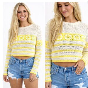 Aaron & Amber Crochet Stripe Cropped Sweater Yellow Cream Rib Knit Boho  Size M